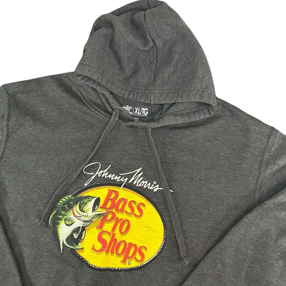 Bass Pro Shops Johnny Morris Fishing Hoodie Mens XL Charcoal Gray Graphic Hoodie